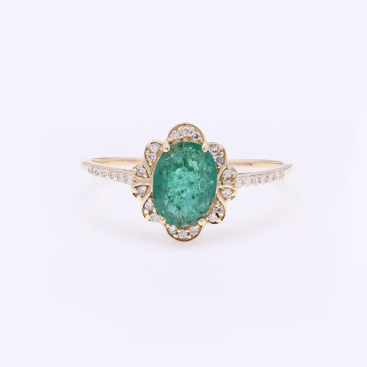 0.95 Ct Oval Mixed Cut Natural Beryl Emerald 14K Gold Ring