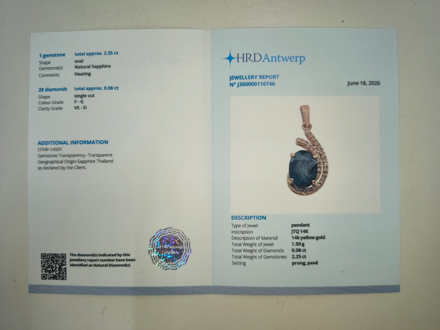 2.33 Ct Oval Natural Sapphire 14K Gold Pendant