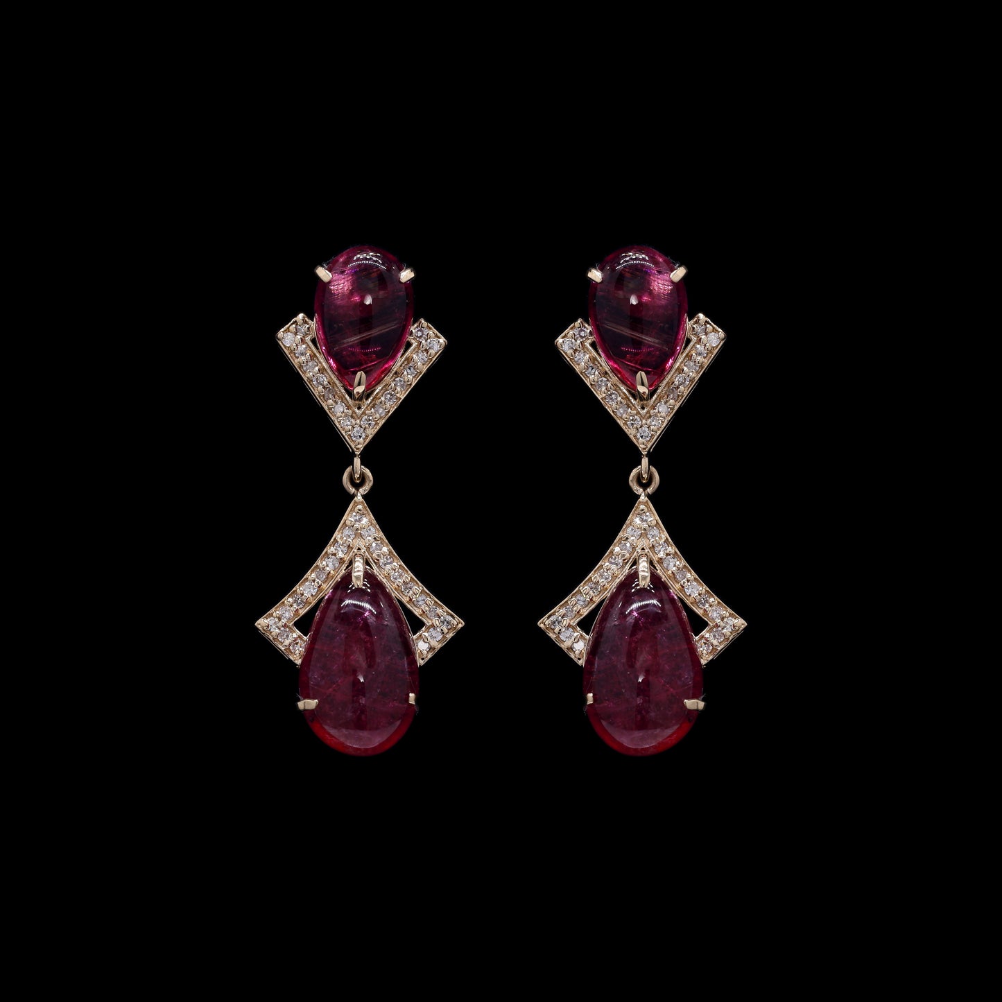 10.62 Ct Pear Cabochon Natural Rubellite 14K Gold Earrings