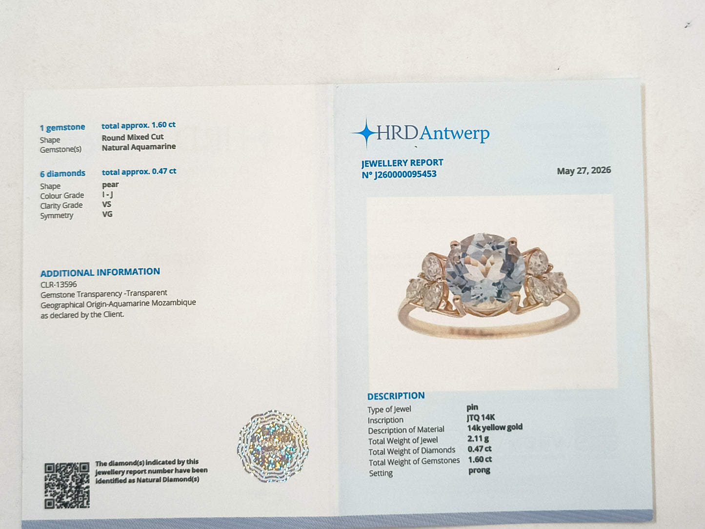 2.07 Ct Round Mixed Cut Natural Aquamarine 14K Gold Ring