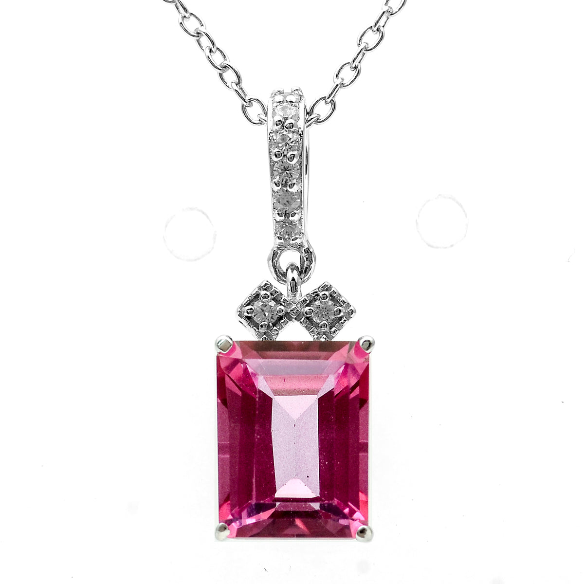 3.08 Ct Octagon Pink Topaz, White Zircon 925 Sterling Silver Pendant