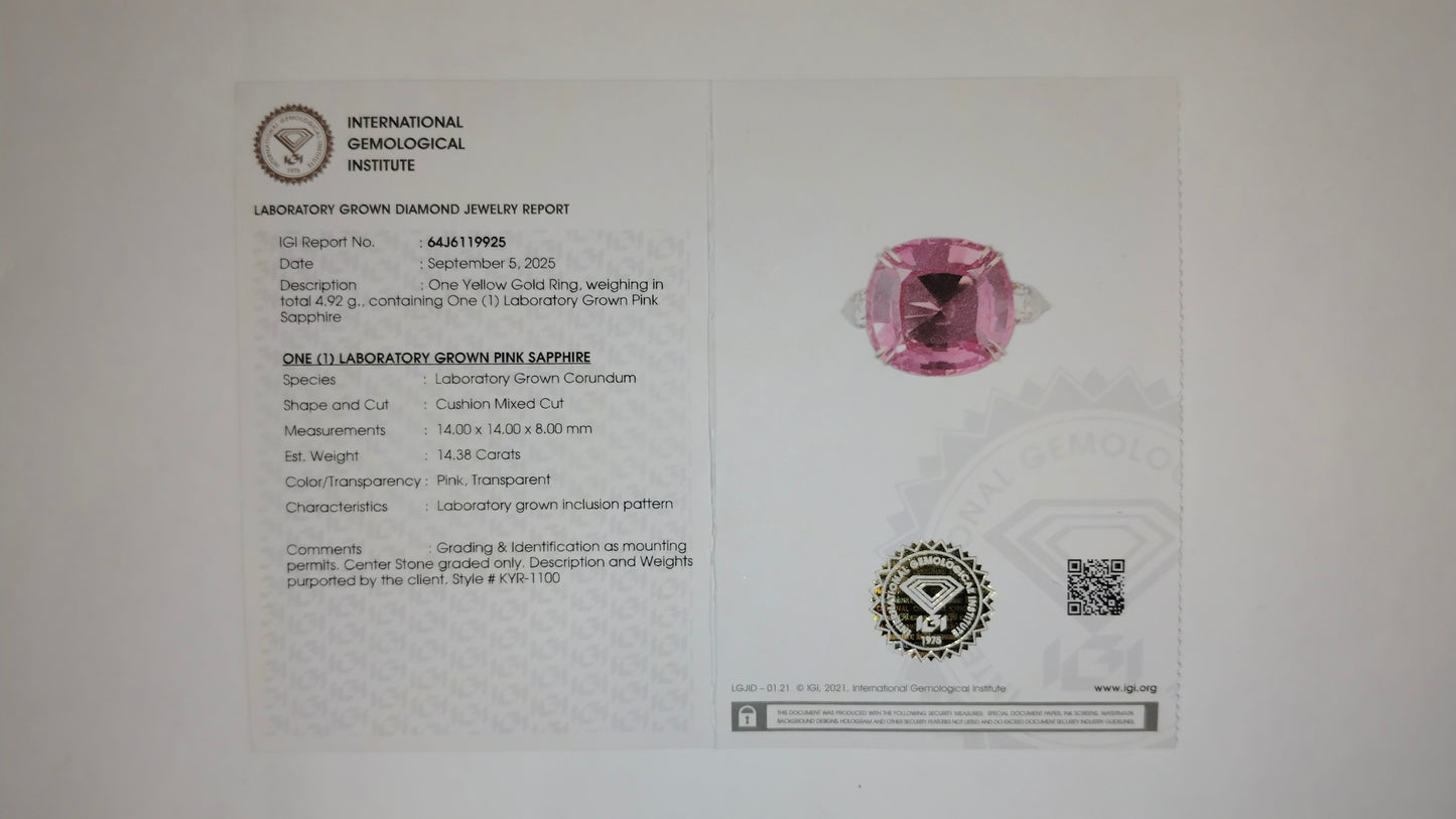 15.11 Ct Cushion Mixed Cut Lab Grown Pink Sapphire 14K Gold Ring