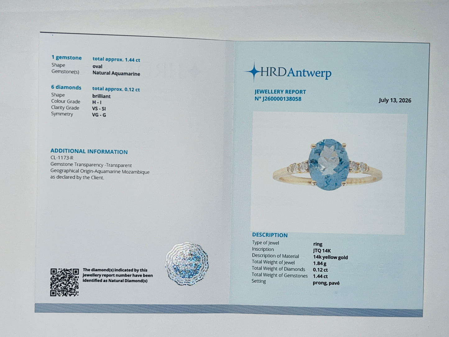 1.56 Ct Oval Natural Aquamarine 14K Gold Ring