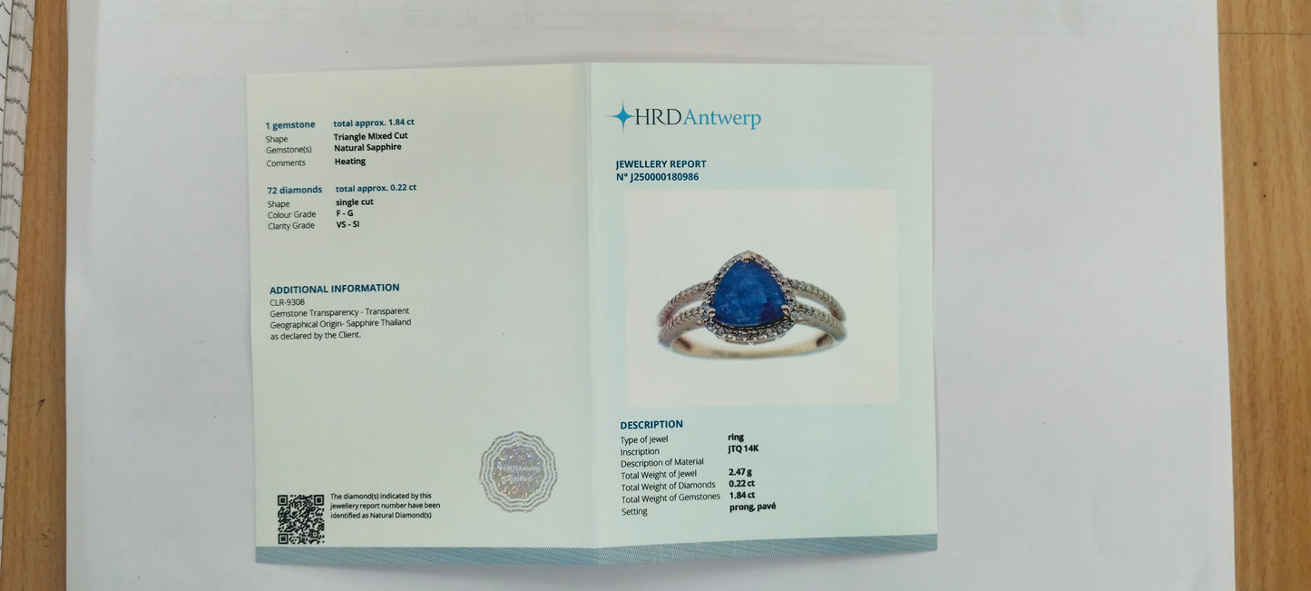 2.06 Ct Triangle Mixed Cut Natural Sapphire 14K Gold Ring