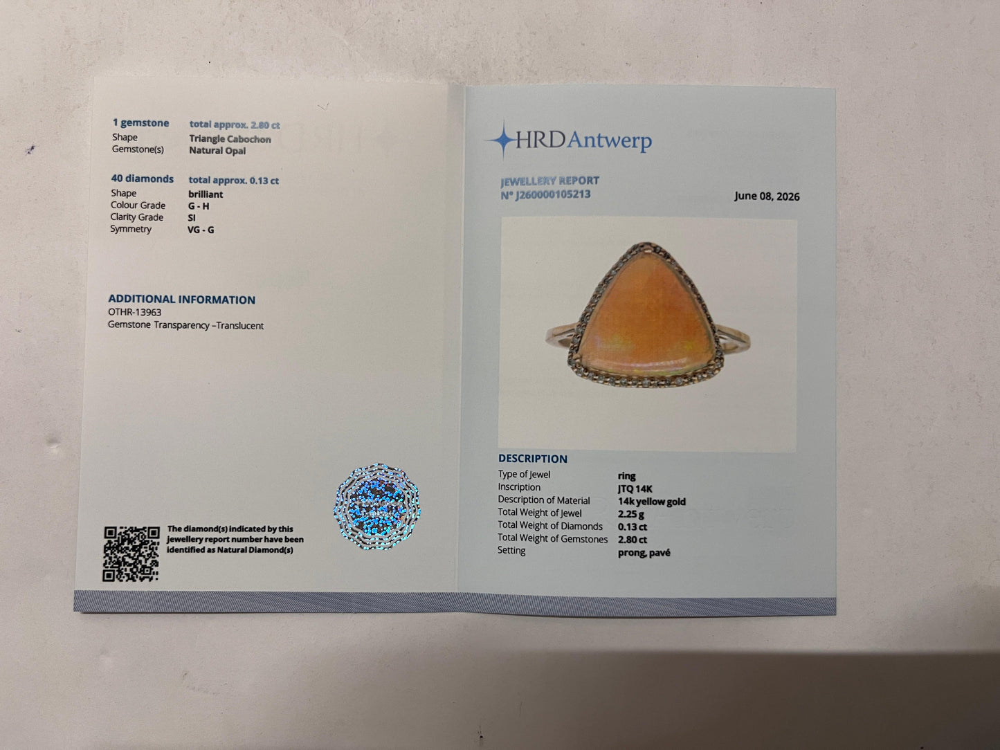 2.93 Ct Triangle Cabochon Natural Opal 14K Gold Ring