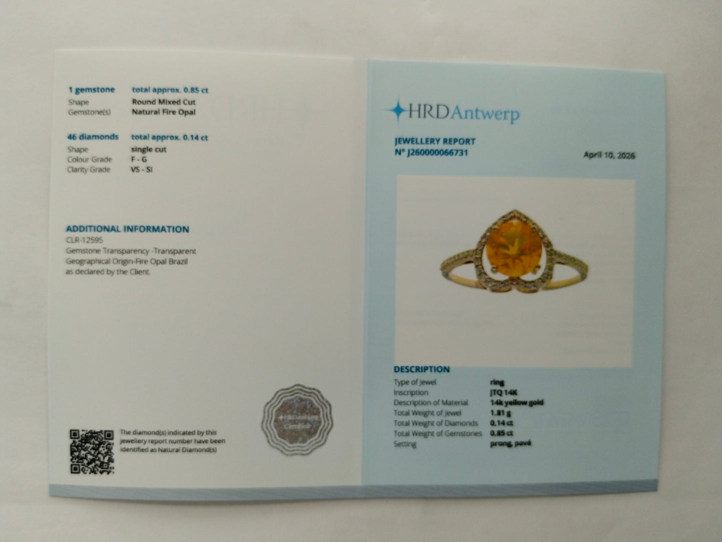 0.99 Ct Round Mixed Cut Natural Fire Opal 14K Gold Ring