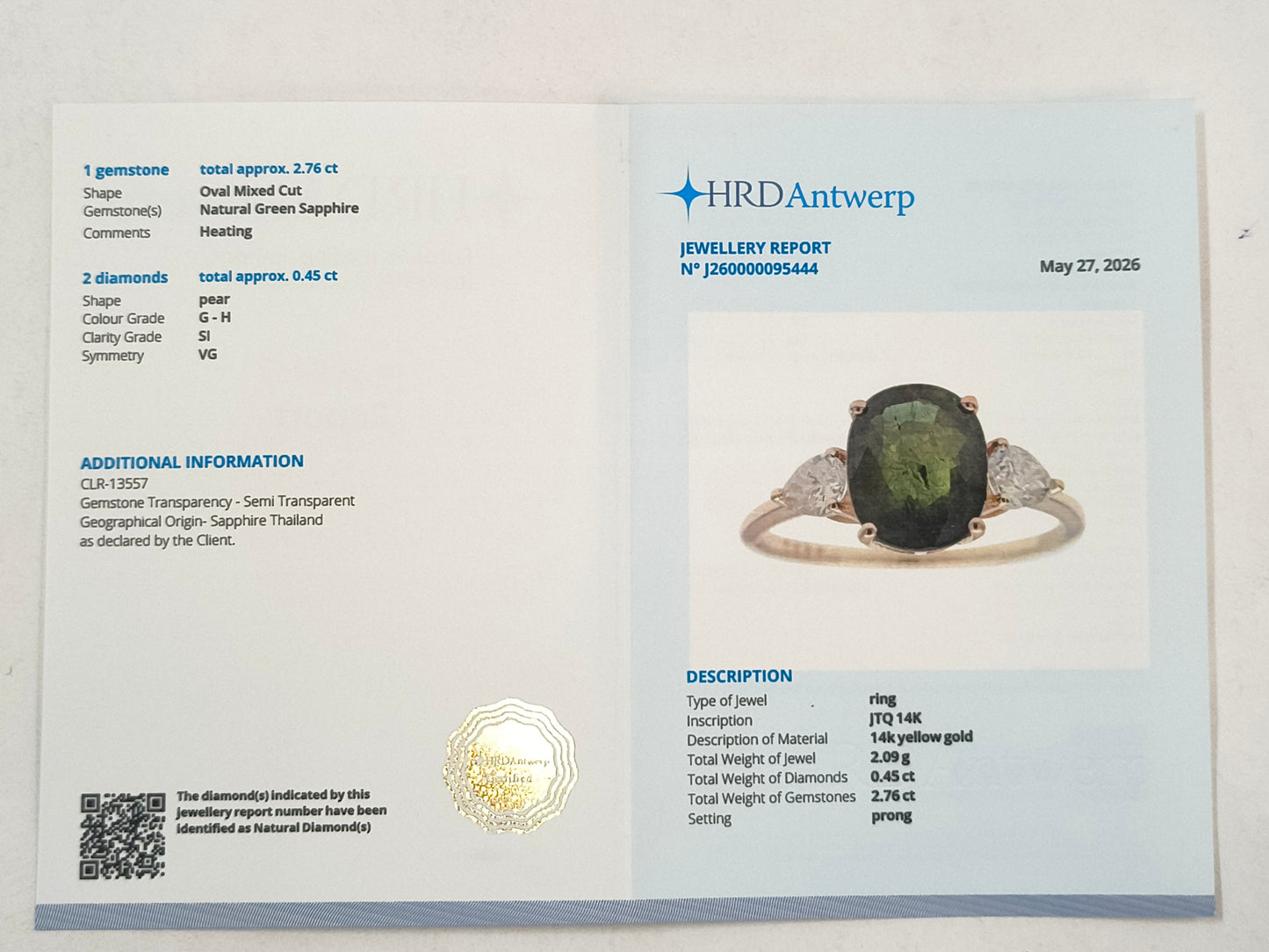 3.21 Ct Oval Mixed Cut Natural Green Sapphire 14K Gold Ring