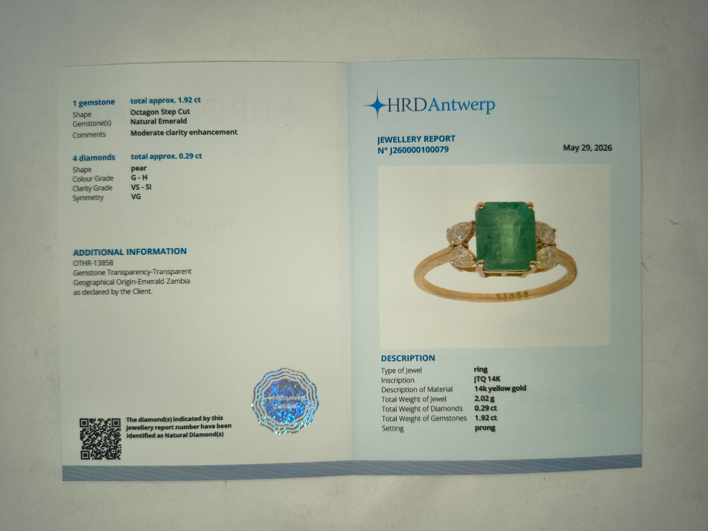 2.21 Ct Octagon Step Cut Natural Emerald 14K Gold Ring