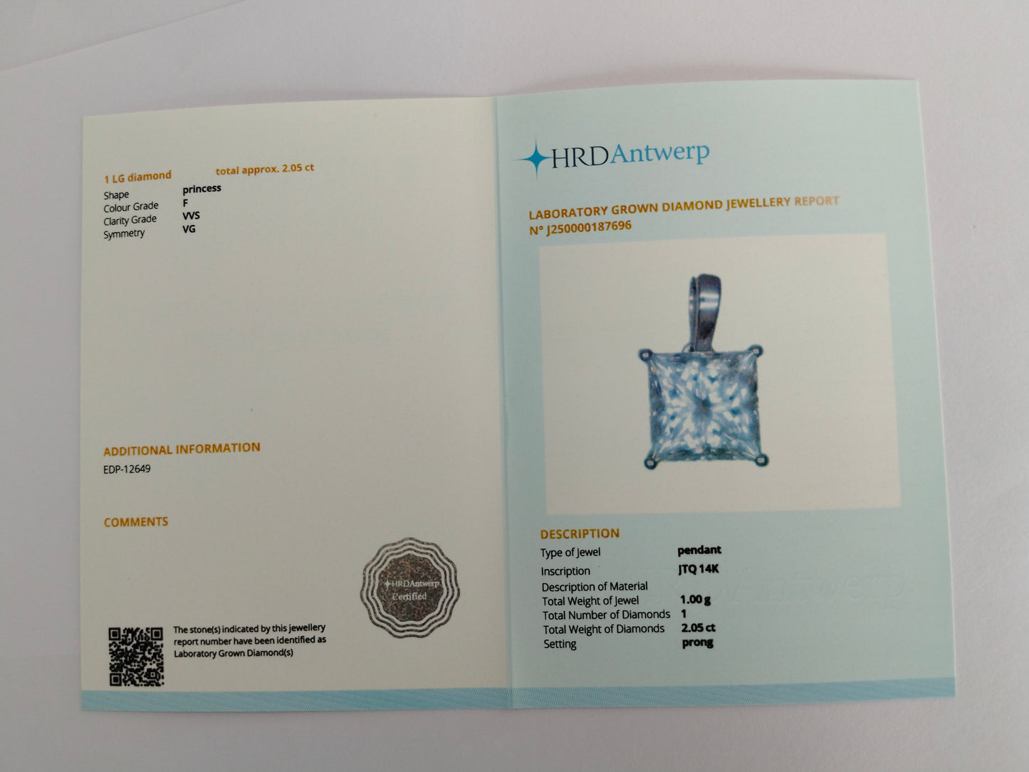 2.05 Carats Lab Grown Diamond 14K Gold Pendant