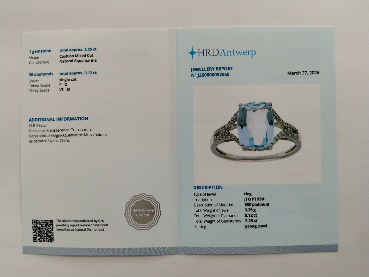 2.37 Ct Cushion Mixed Cut Natural Aquamarine 950 Platinum Ring