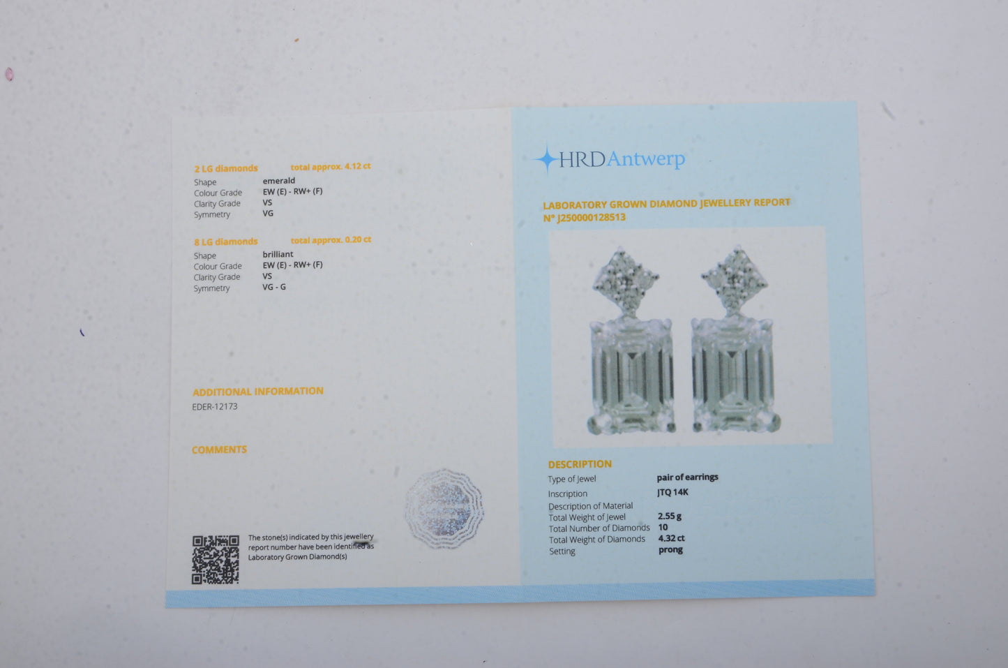 4.32 Carats Lab Grown Diamond 14K Gold Earrings