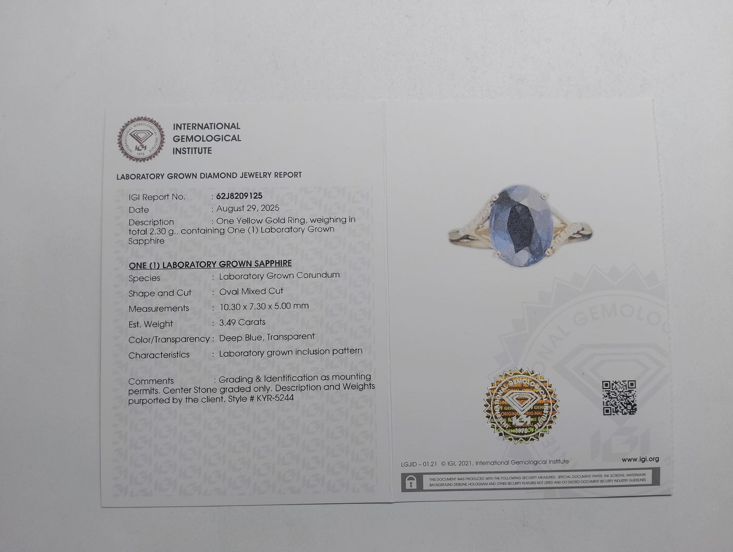 3.52 Ct Oval Mixed Cut Lab Grown Sapphire 14K Gold Ring