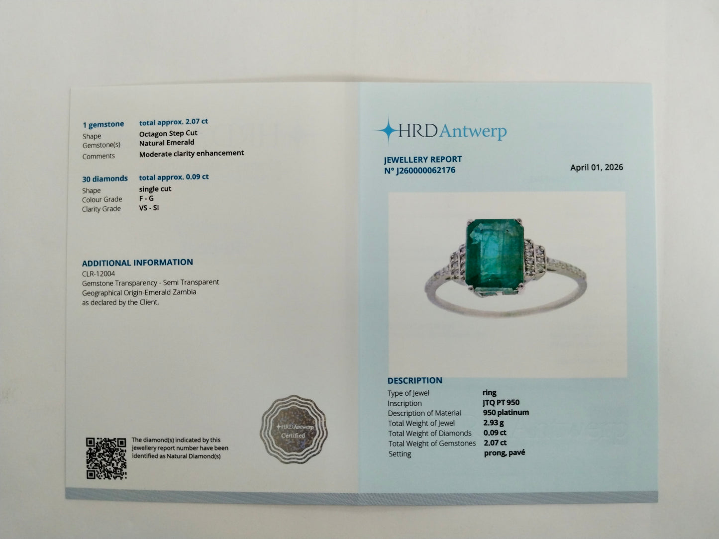 2.16 Ct Octagon Step Cut Natural Emerald 950 Platinum Ring