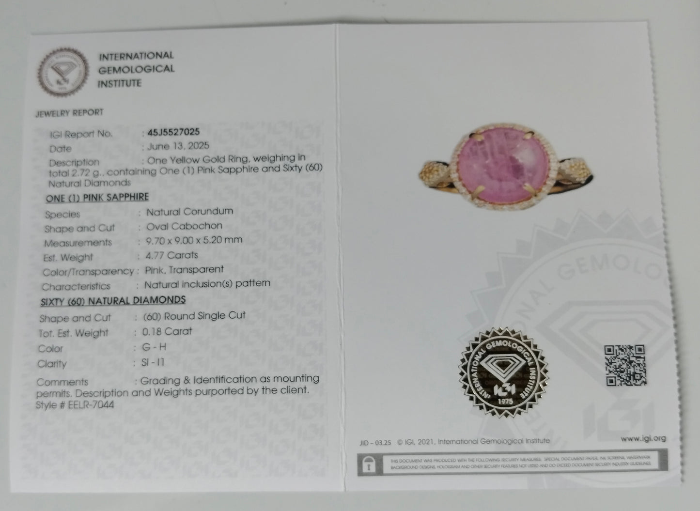 4.95 Ct Oval Cabochon Natural Corundum Pink Sapphire 14K Gold Ring