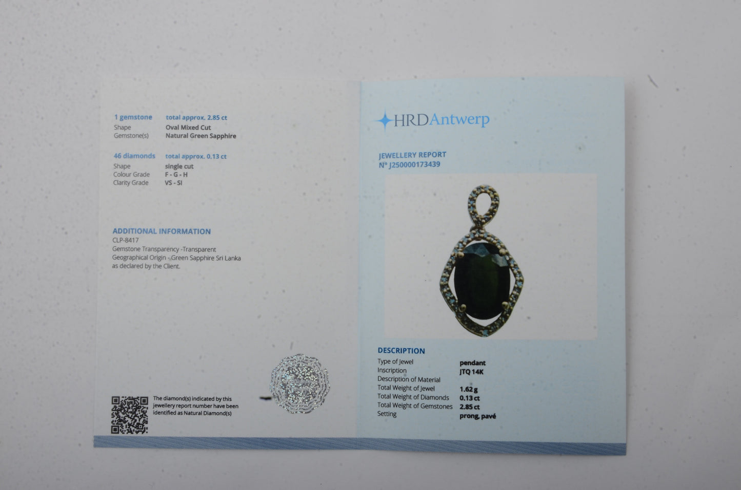 2.98 Ct Oval Mixed Cut Natural Green Sapphire 14K Gold Pendant