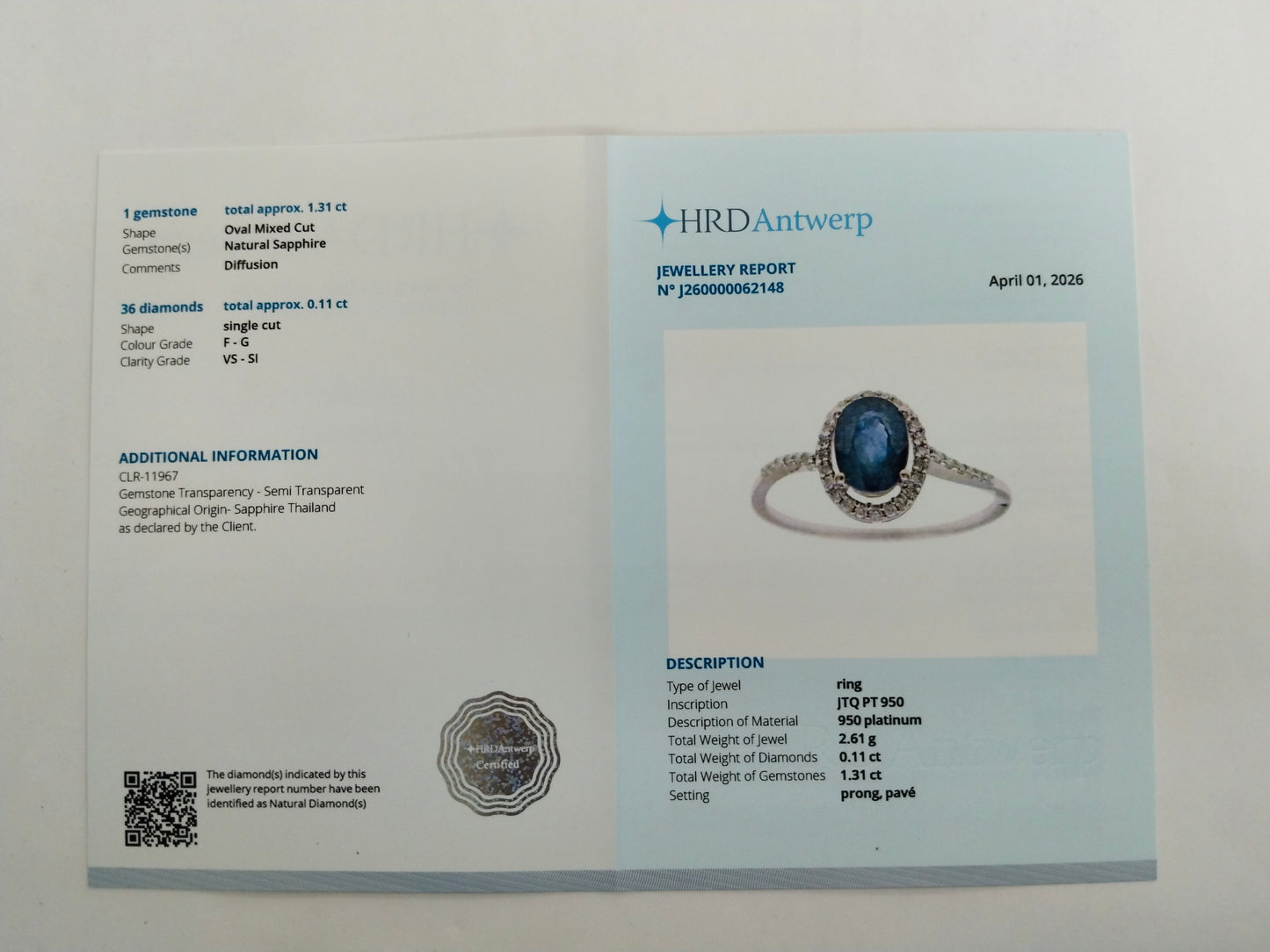 1.42 Ct Oval Mixed Cut Natural Sapphire 950 Platinum Ring