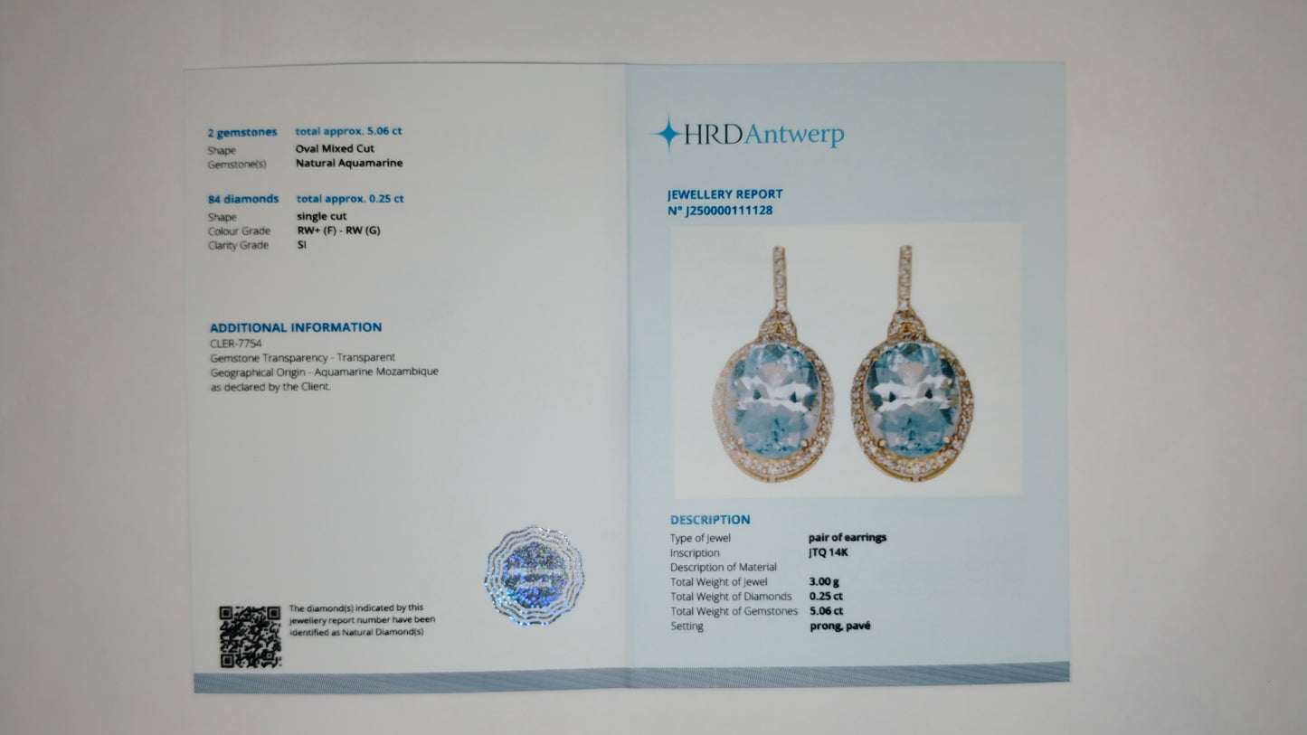 5.31 Ct Oval Mixed Cut Natural Aquamarine 14K Gold Earrings