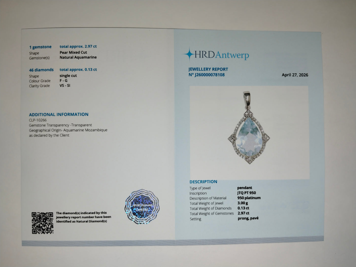 3.10 Ct Pear Mixed Cut Natural Aquamarine 950 Platinum Pendant