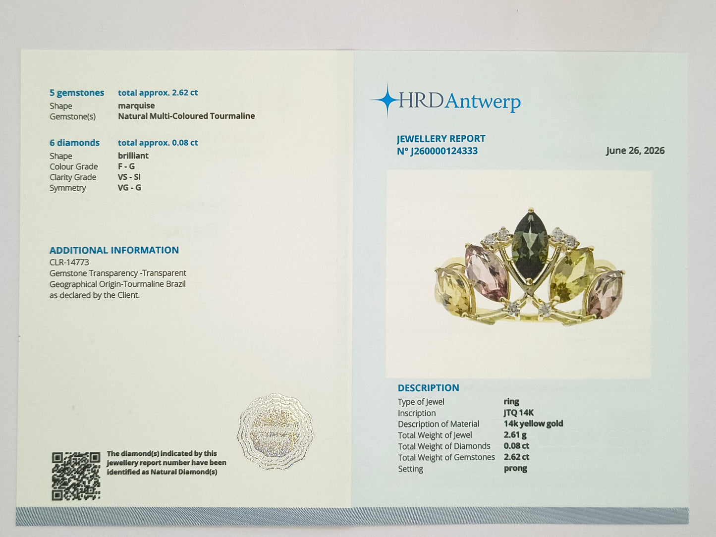 2.70 Ct Marquise Natural Multi-Coloured Tourmaline 14K Gold Ring