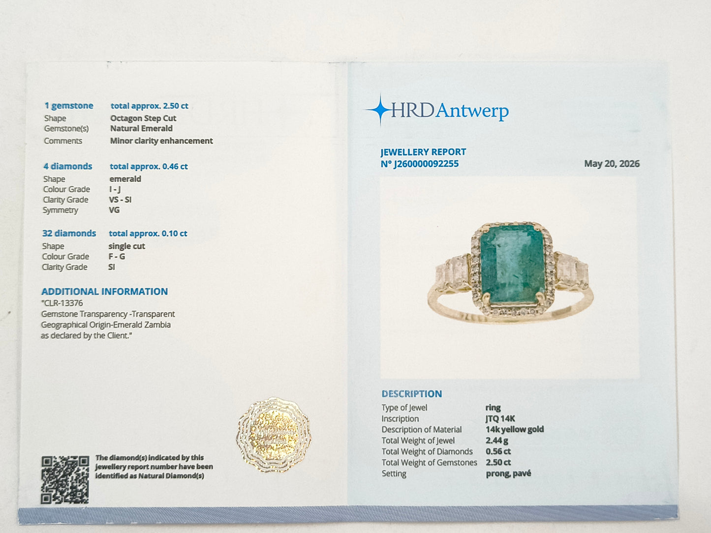 3.06 Ct Octagon Emerald 14K Gold Ring