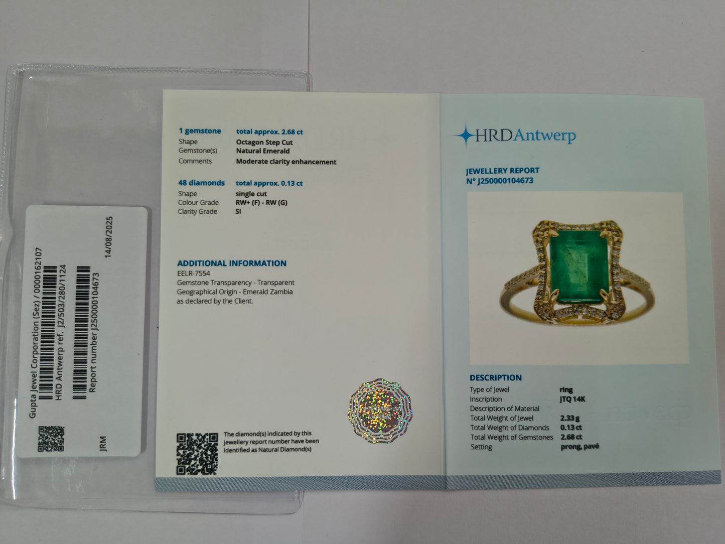 2.81 Ct Octagon Step Cut Natural Emerald 14K Gold Ring