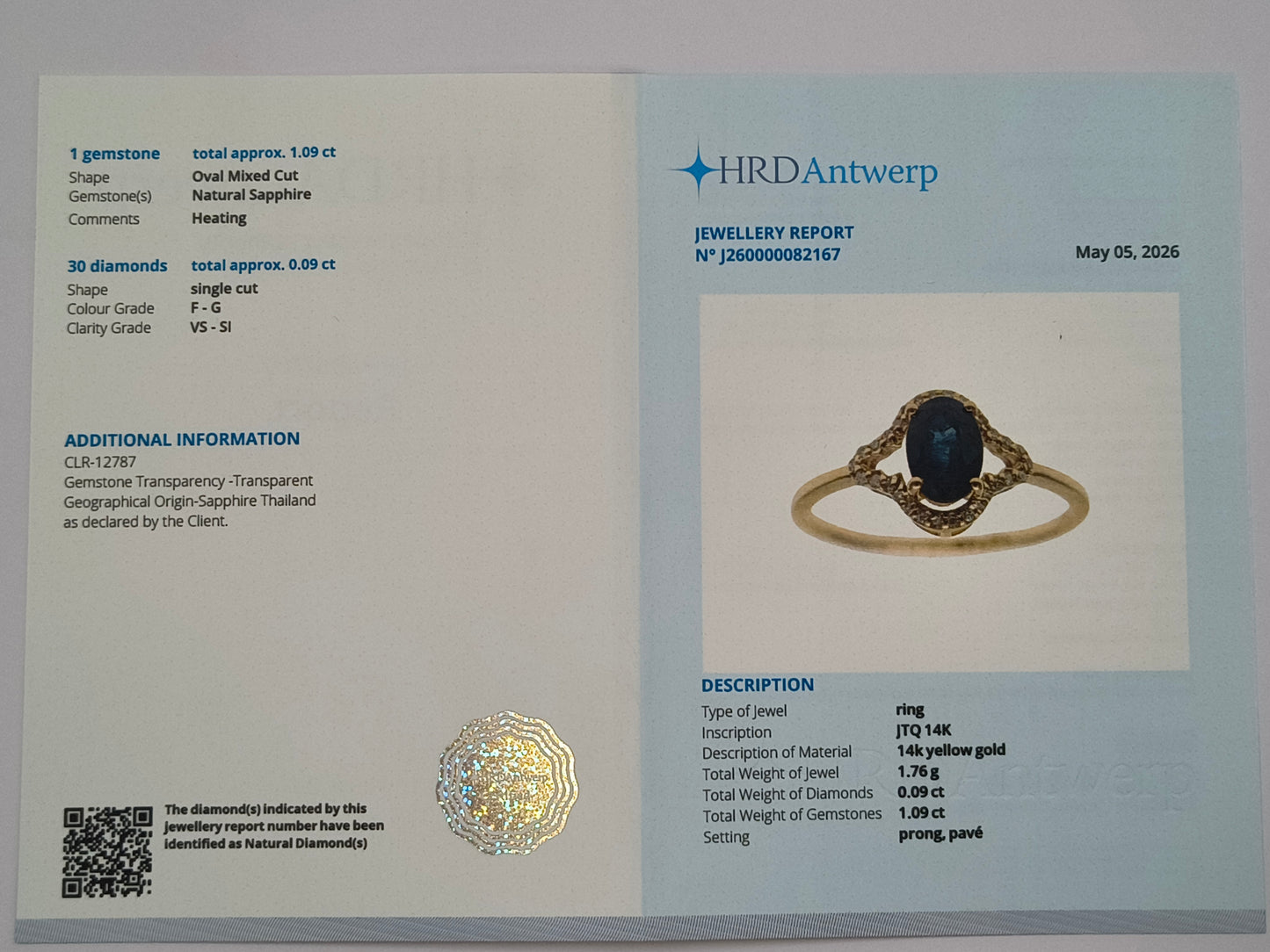 1.18 Ct Oval Mixed Cut Natural Sapphire 14K Gold Ring