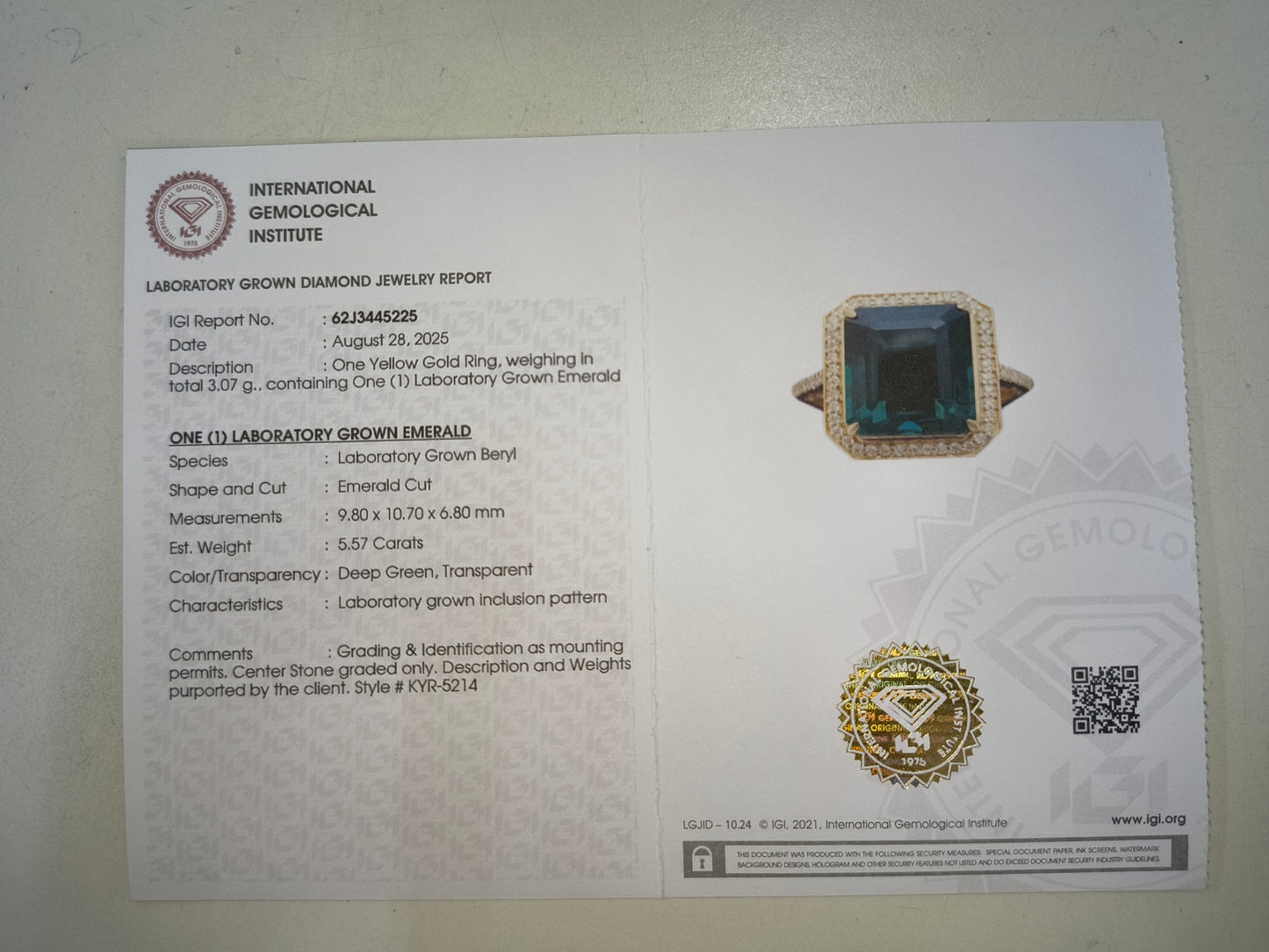 5.74 Ct Emerald Cut Lab Grown Emerald 14K Gold Ring