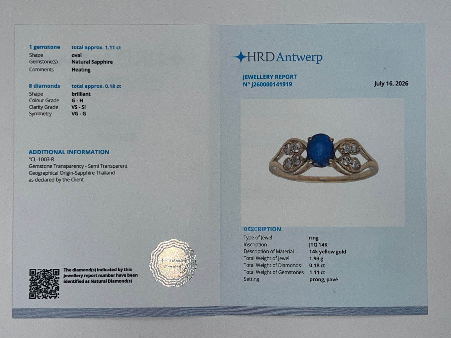 1.29 Ct Oval Natural Sapphire 14K Gold Ring
