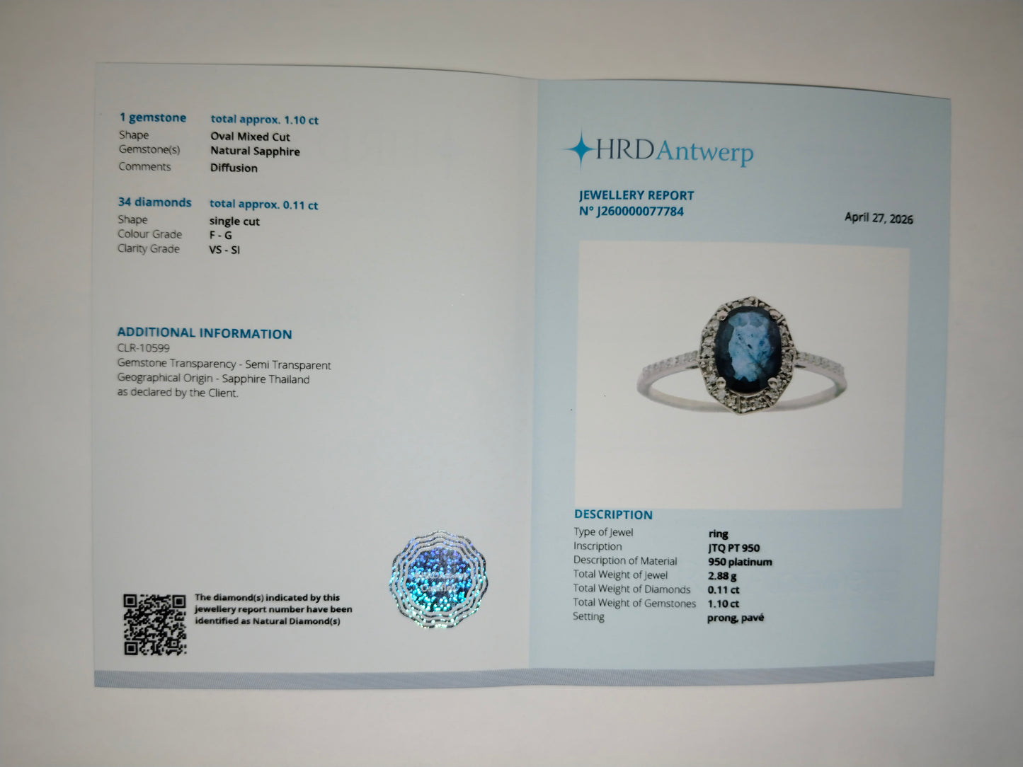 1.21 Ct Oval Mixed Cut Natural Sapphire 950 Platinum Ring