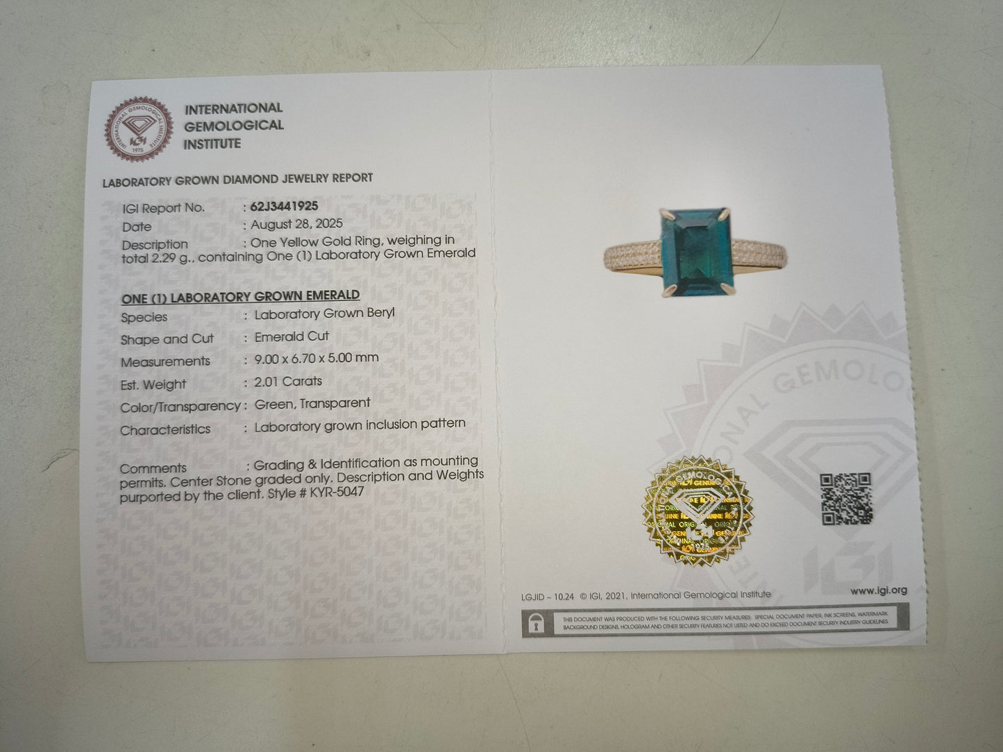2.13 Ct Emerald Cut Lab Grown Emerald 14K Gold Ring
