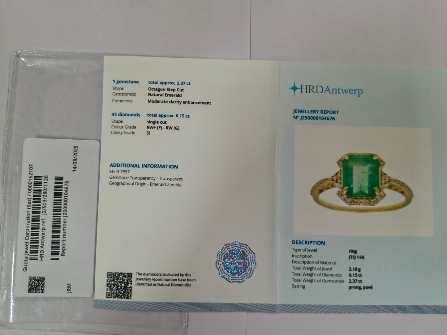 2.52 Ct Octagon Step Cut Natural Emerald 14K Gold Ring