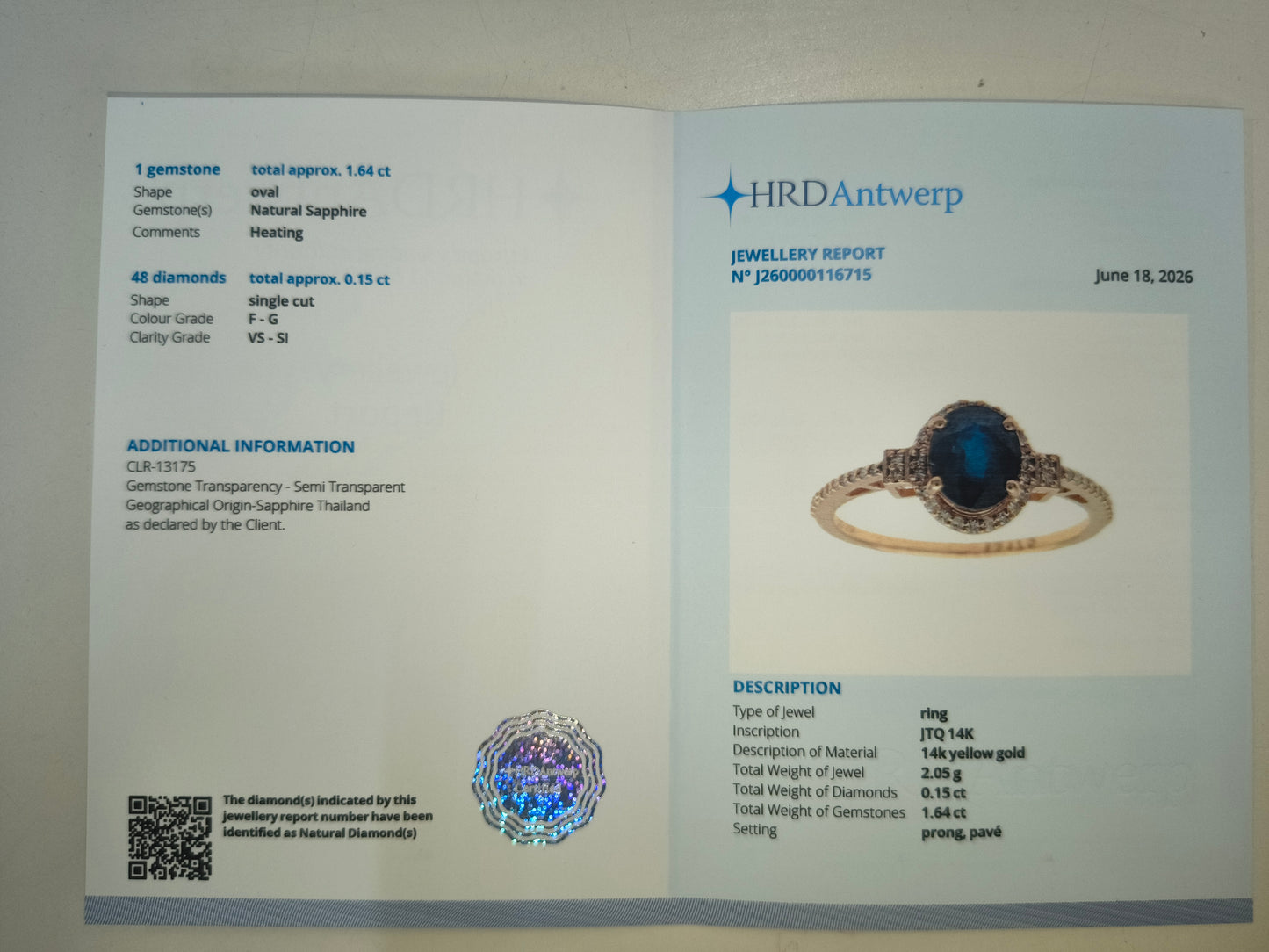 1.79 Ct Oval Natural Sapphire 14K Gold Ring