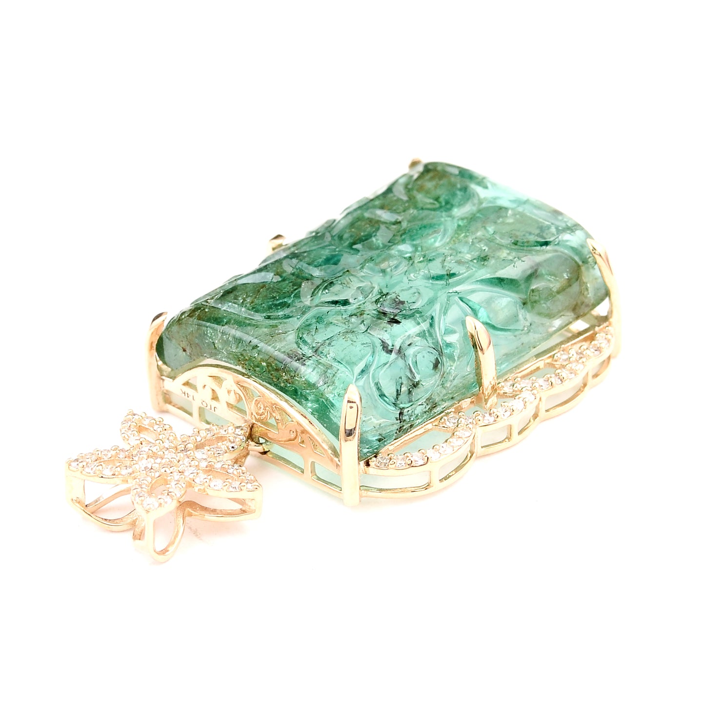 16.56 Ct Fancy Carving Natural Beryl Emerald 14K Gold Pendant