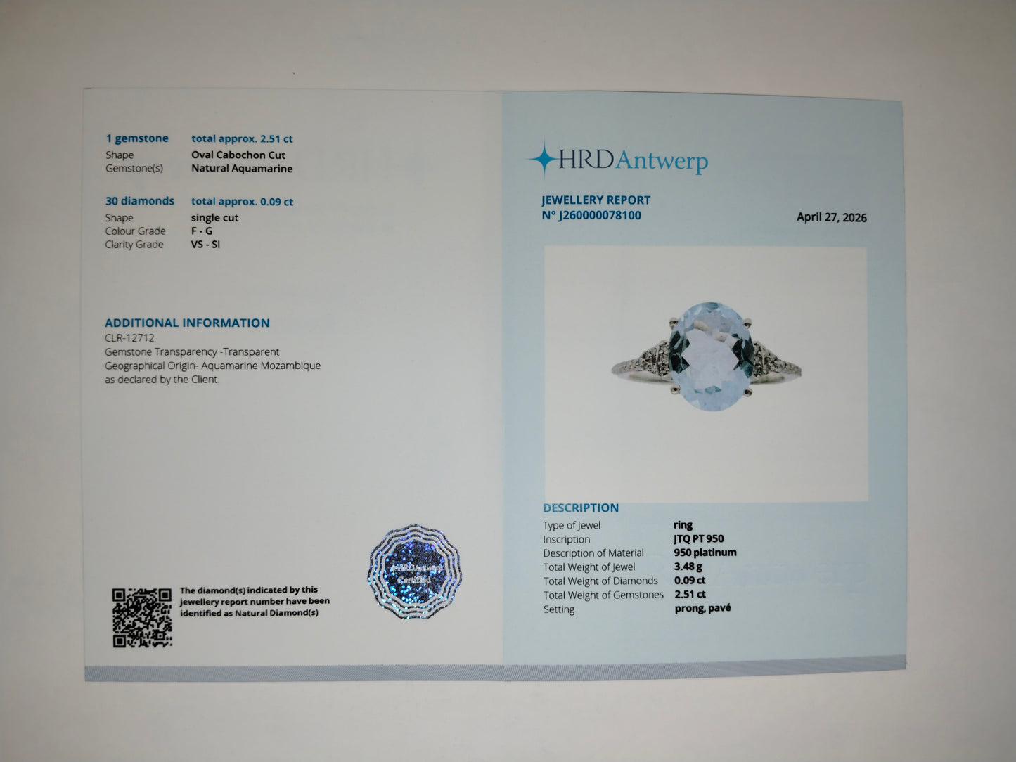 2.60 Ct Oval Mixed Cut Natural Aquamarine 950 Platinum Ring