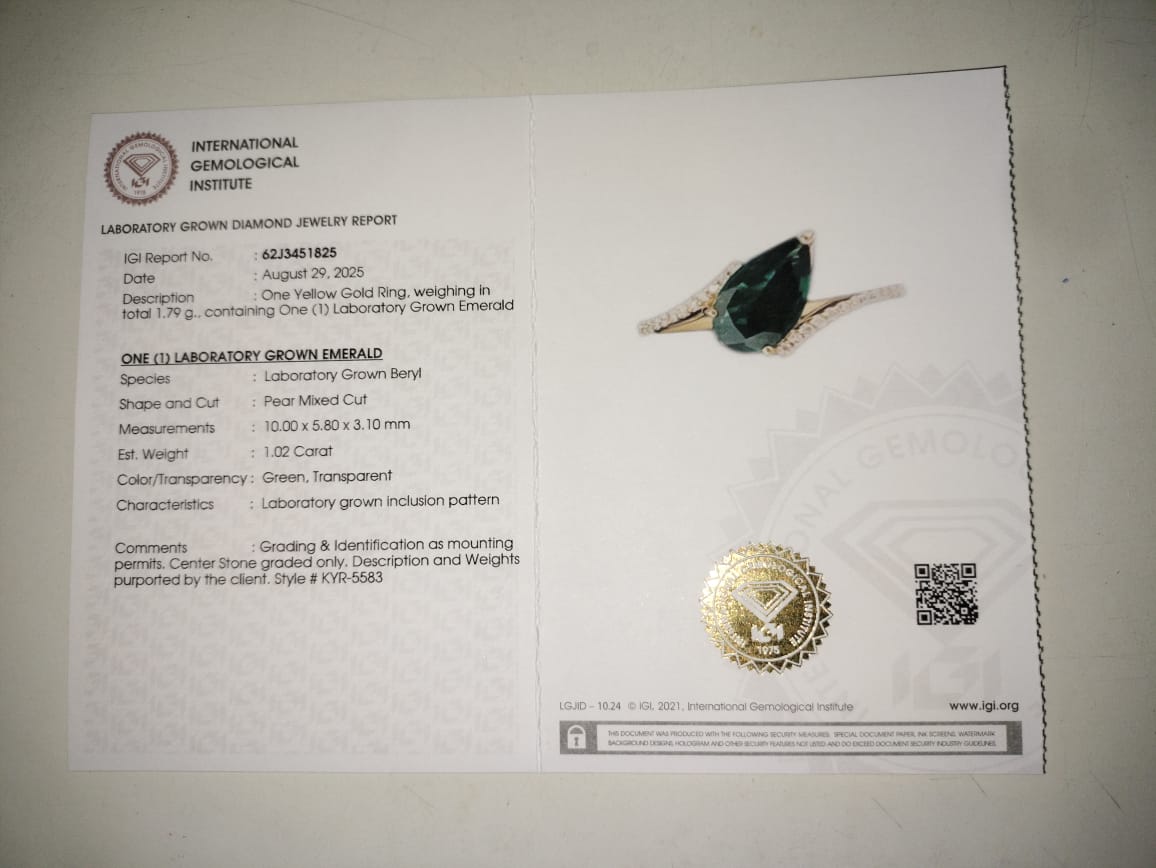 1.09 Ct Pear Mixed Cut Lab Grown Emerald 14K Gold Ring