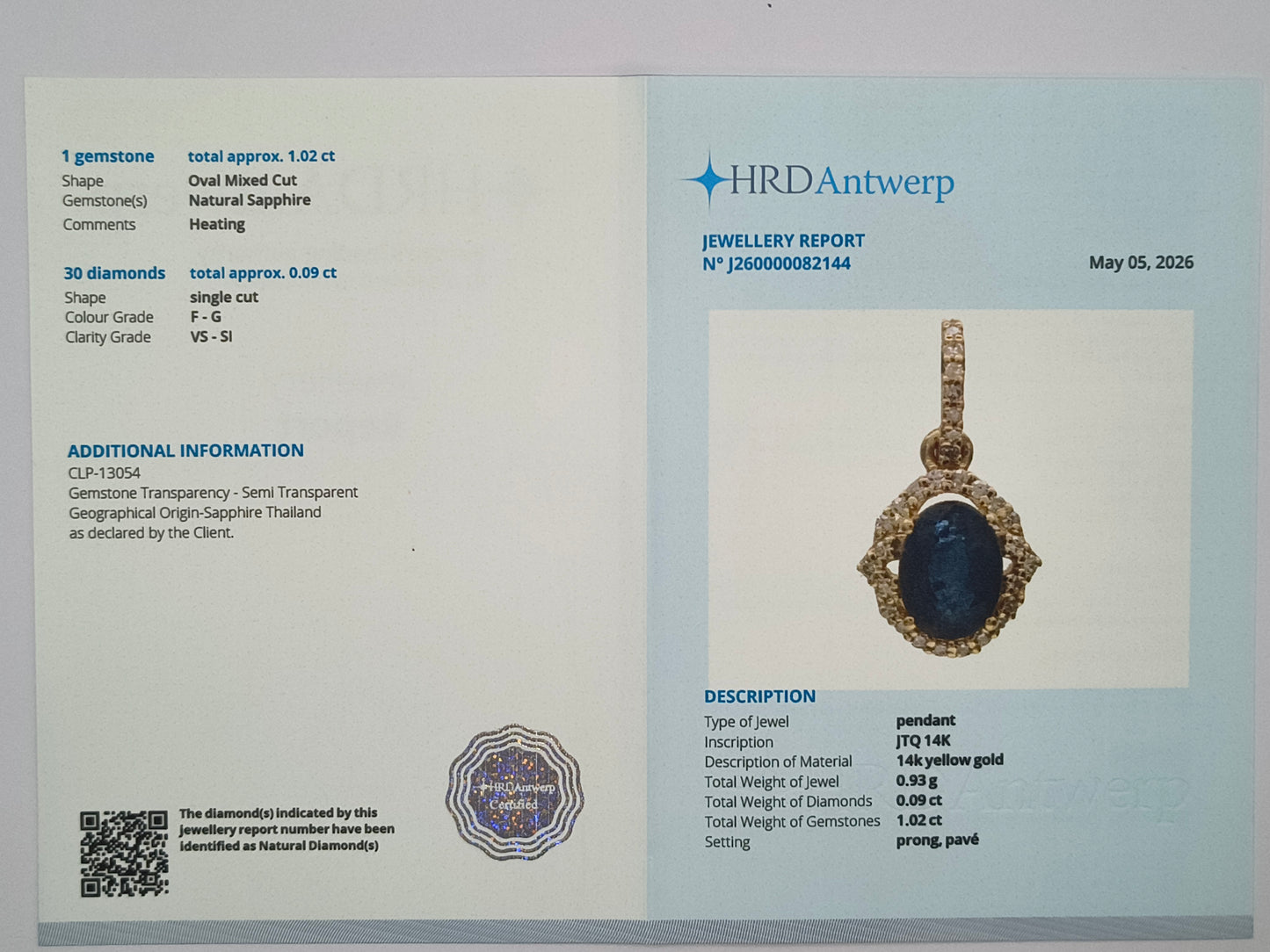1.11 Ct Oval Mixed Cut Natural Sapphire 14K Gold Pendant