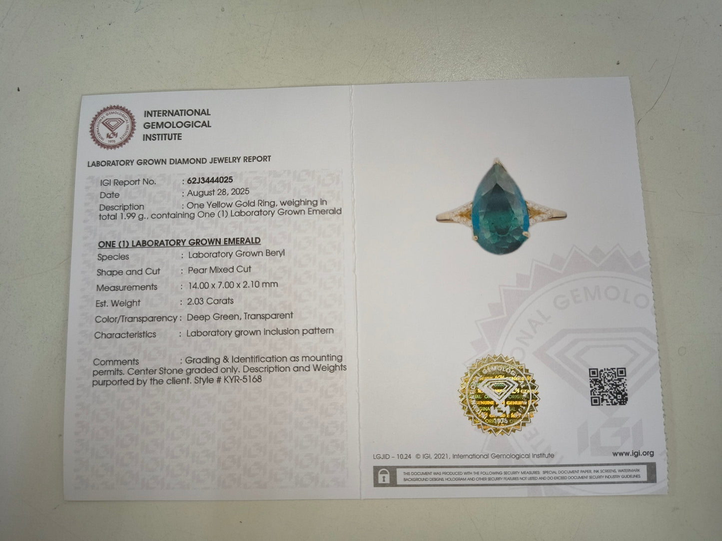 2.07 Ct Pear Mixed Cut Lab Grown Emerald 14K Gold Ring