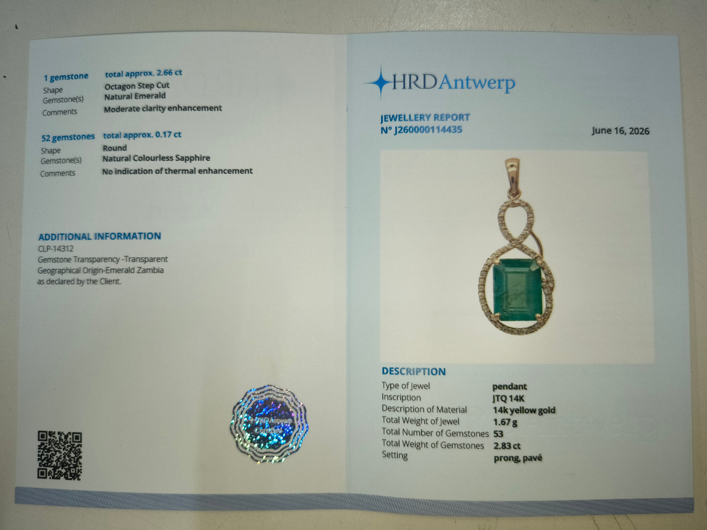 2.83 Ct Octagon Step Cut Natural Emerald 14K Gold Pendant