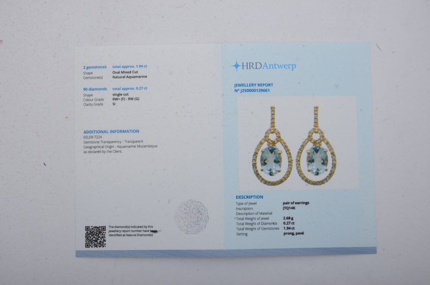 2.21 Ct Oval Mixed Cut Natural Aquamarine 14K Gold Earrings
