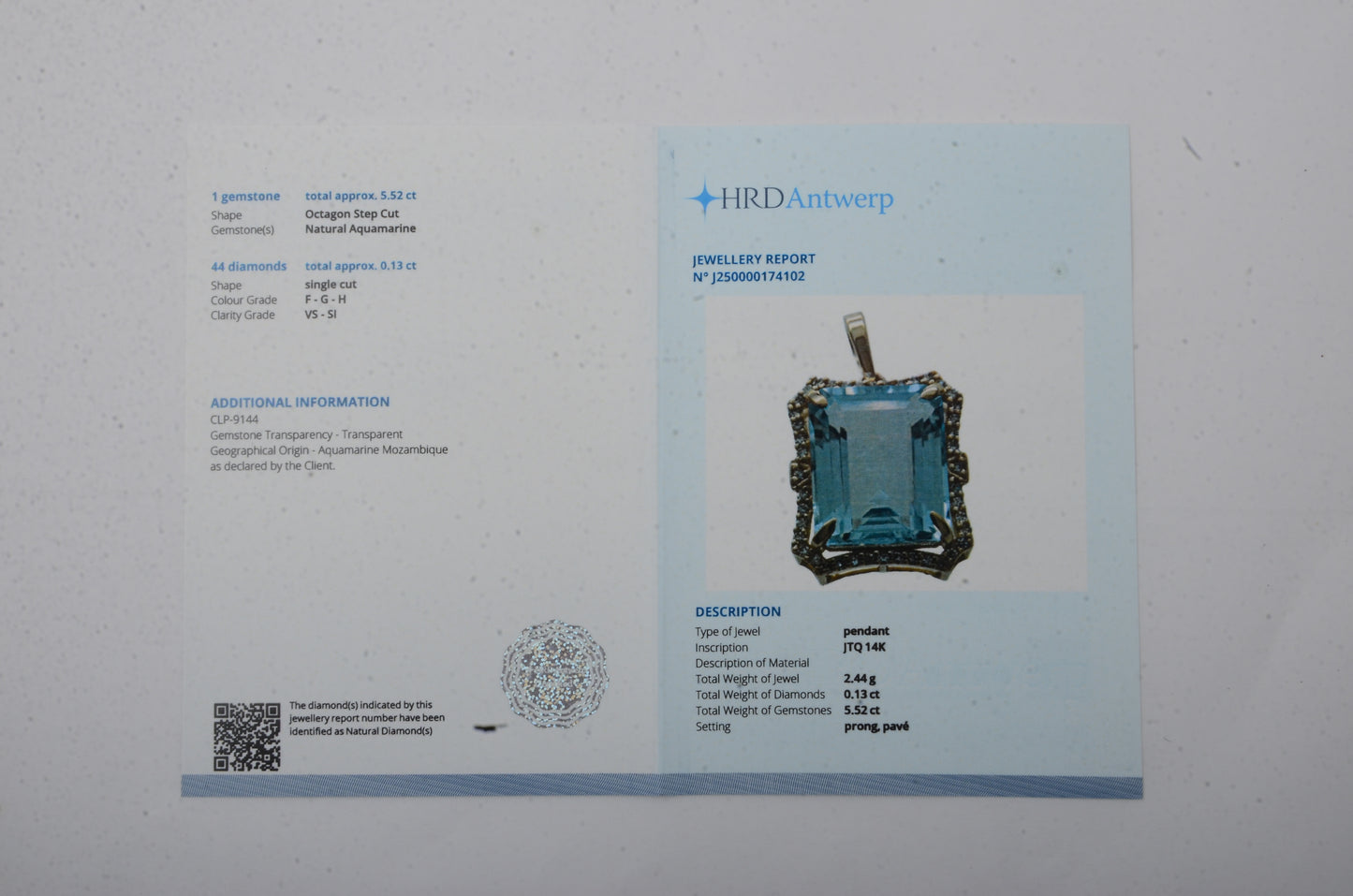 5.65 Ct Octagon Step Cut Natural Aquamarine 14K Gold Pendant
