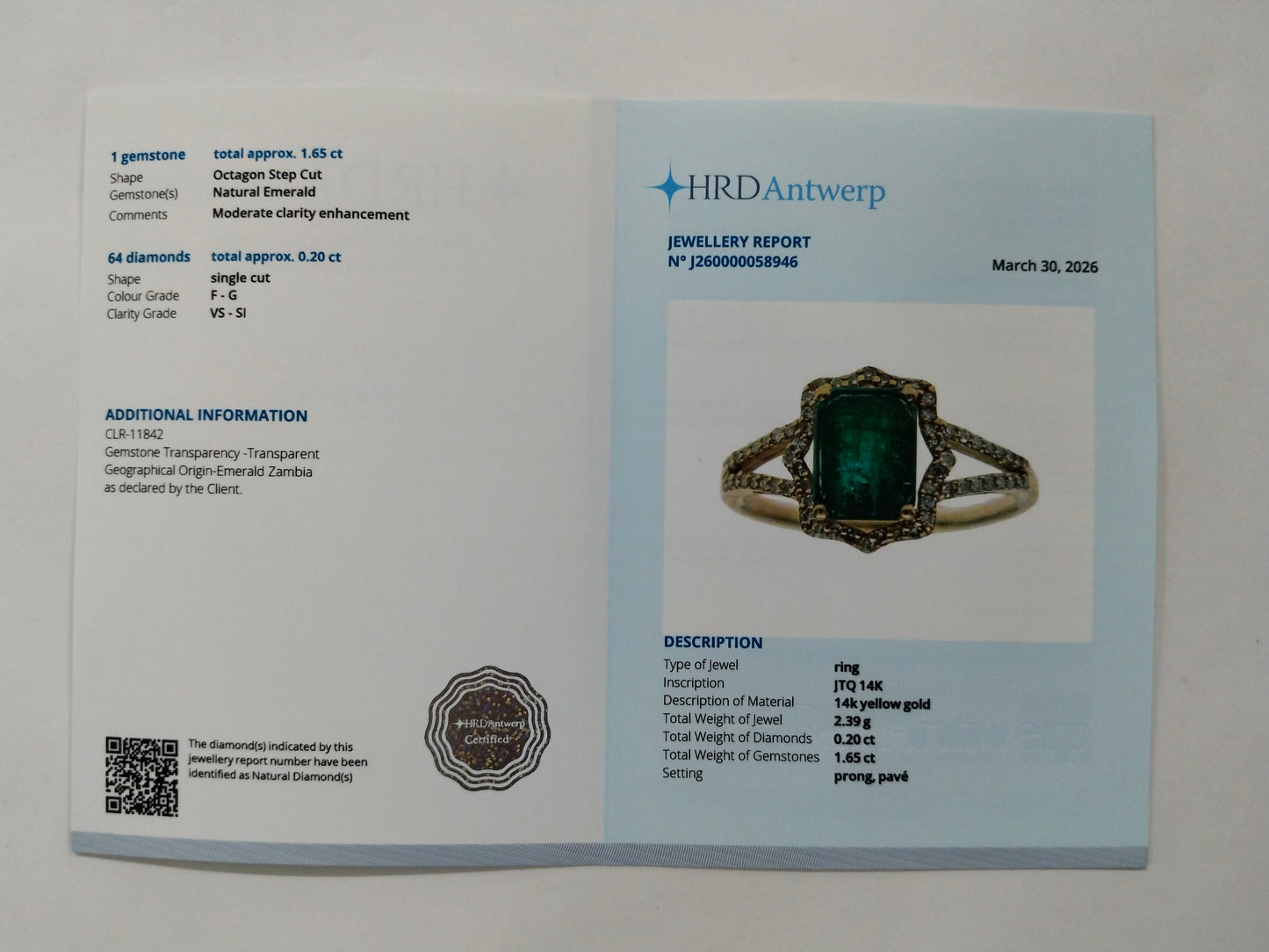 1.85 Ct Octagon Step Cut Natural Emerald 14K Gold Ring