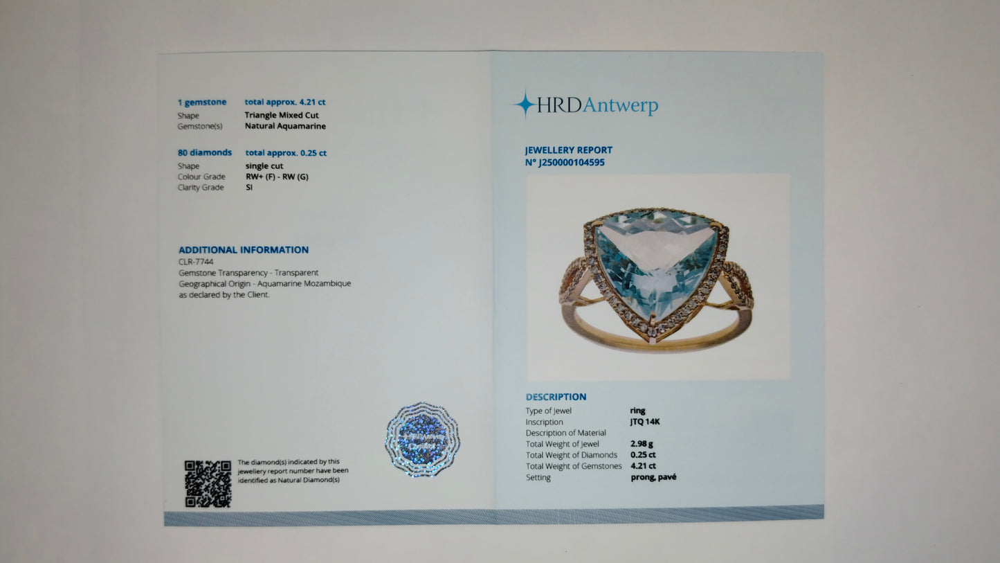 4.46 Ct Triangle Mixed Cut Natural Aquamarine 14K Gold Ring