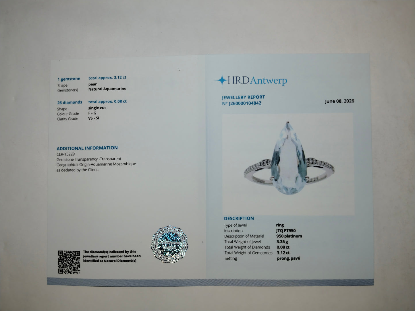 3.20 Ct Pear Mixed Cut Natural Aquamarine 950 Platinum Ring