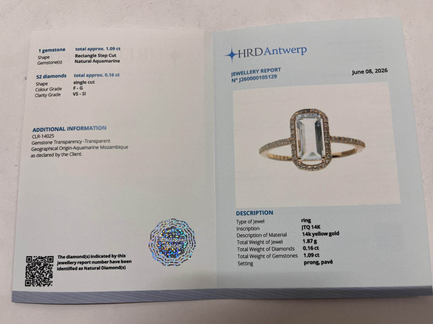 1.25 Ct Rectangle Step Cut Natural Aquamarine 14K Gold Ring