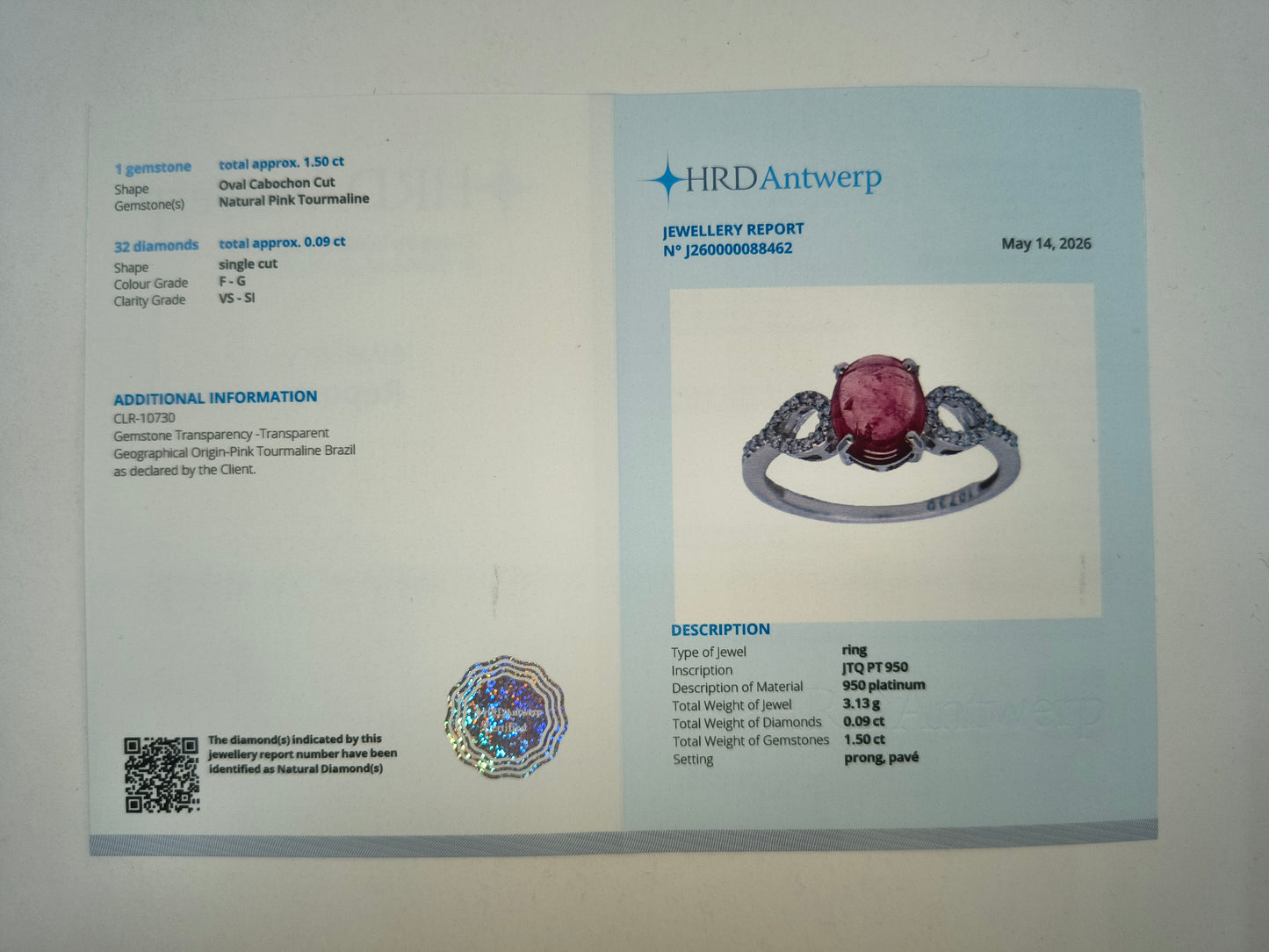 2.81 Ct Oval Cabochon Cut Natural Pink Tourmaline 950 Platinum Ring