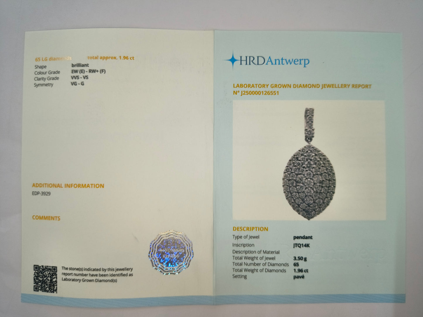 1.96 Carats Lab Grown Diamond 14K Gold Pendant