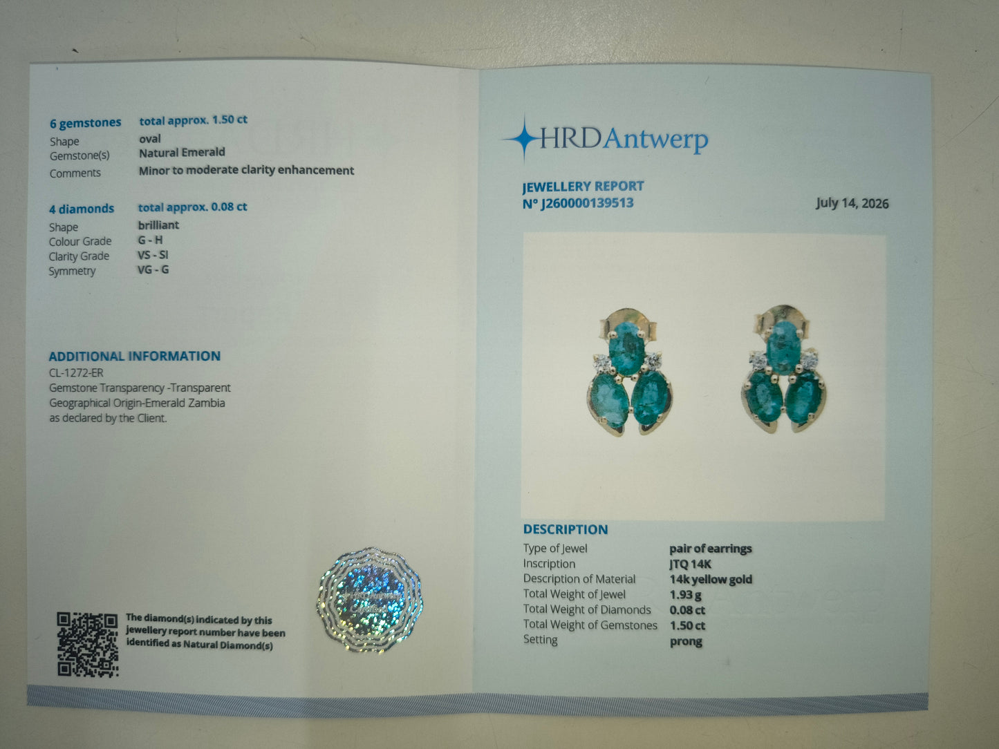 1.58 Ct Oval Natural Emerald 14K Gold Earrings