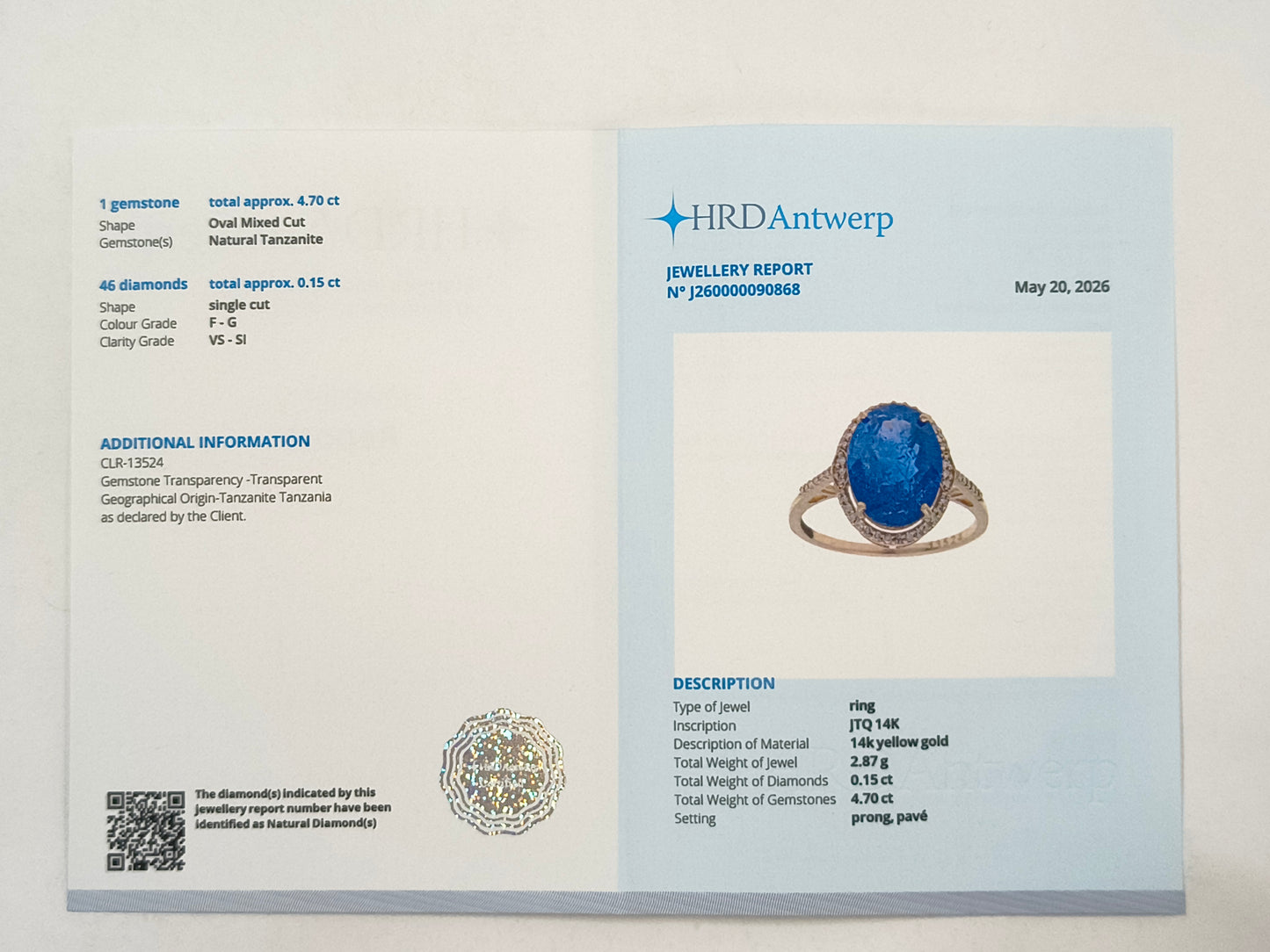 4.85 Ct Oval Tanzanite 14K Gold Ring