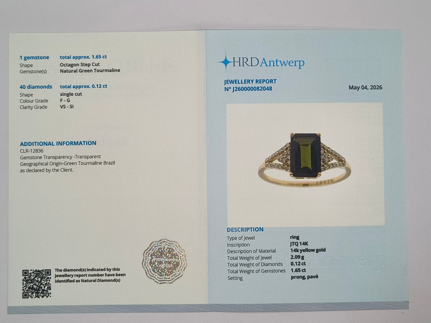 1.77 Ct Octagon Step Cut Natural Green Tourmaline 14K Gold Ring