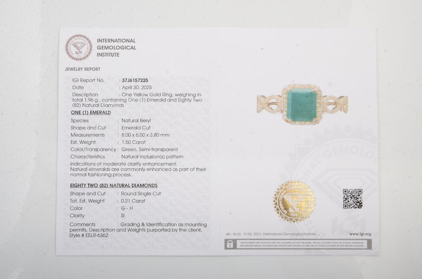 1.71 Ct Emerald Cut Natural Beryl Emerald 14K Gold Ring